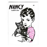"Nancy a queer zine title" and drawing of a child with pink stripped t-shirt and two kittens.